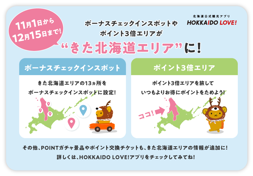 ボーナスチェックインスポットがポイント3倍エリアがきた北海道エリアに！