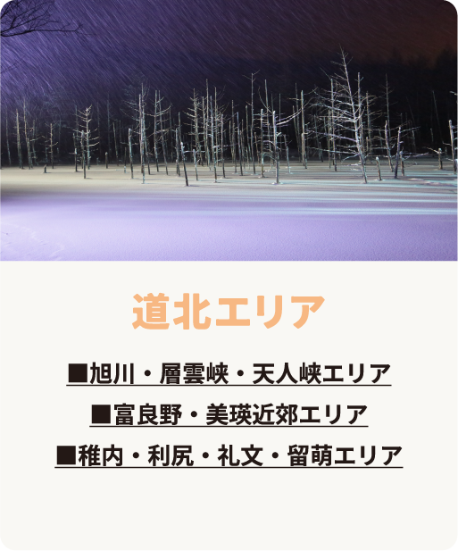 道北エリア　旭川・層雲峡・天人峡エリア　富良野・美瑛近郊エリア　稚内・利尻・礼文・留萌エリア