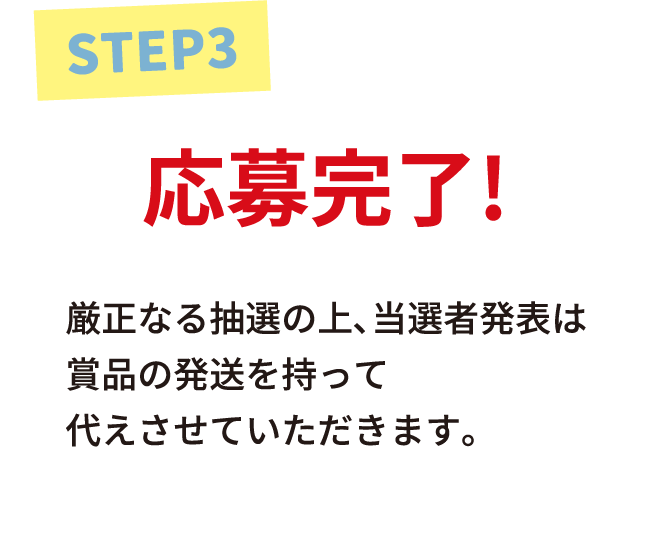 応募完了！　厳正なる抽選の上、当選者発表は賞品の発送を持って代えさせていただきます。