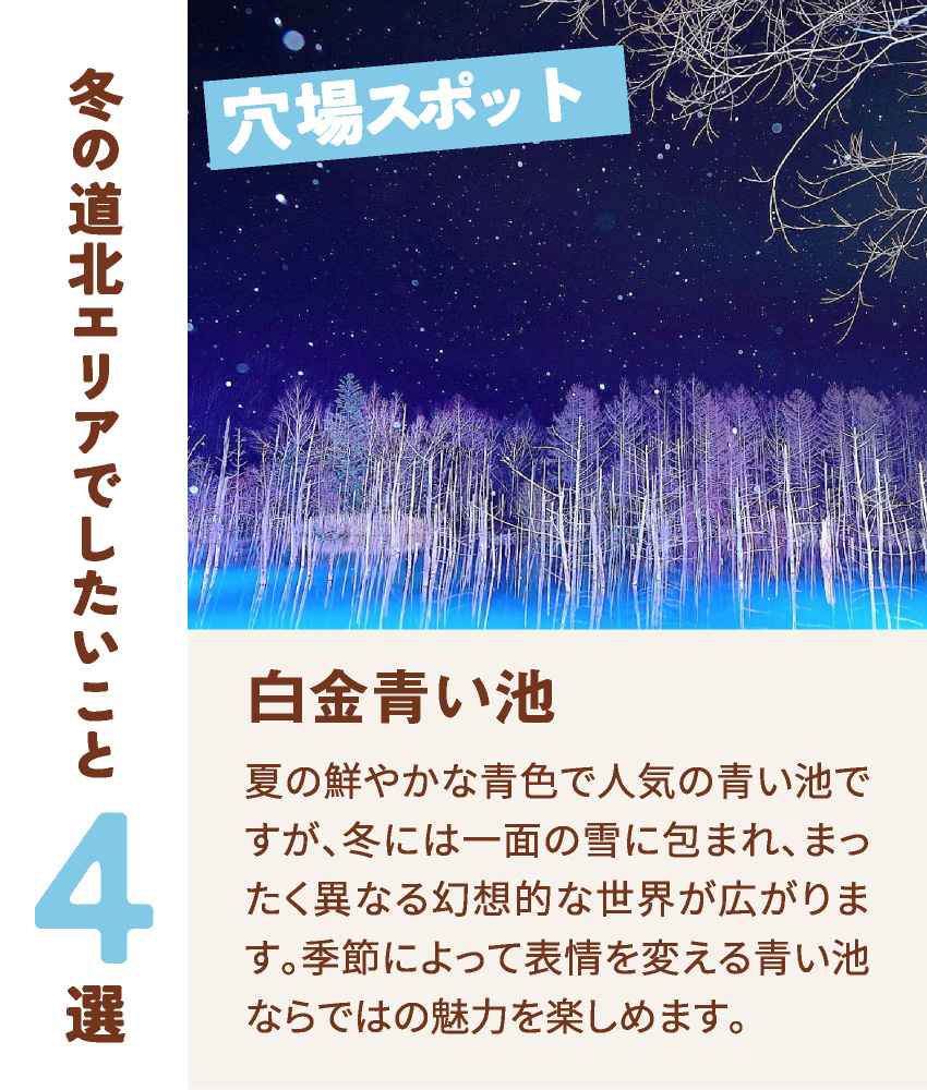 穴場スポット 白金青い池 夏の鮮やかな青色で人気の青い池ですが、冬には一面の雪に包まれ、まったく異なる幻想的な世界が広がります。季節によって表情を変える青い池ならではの魅力を楽しめます。