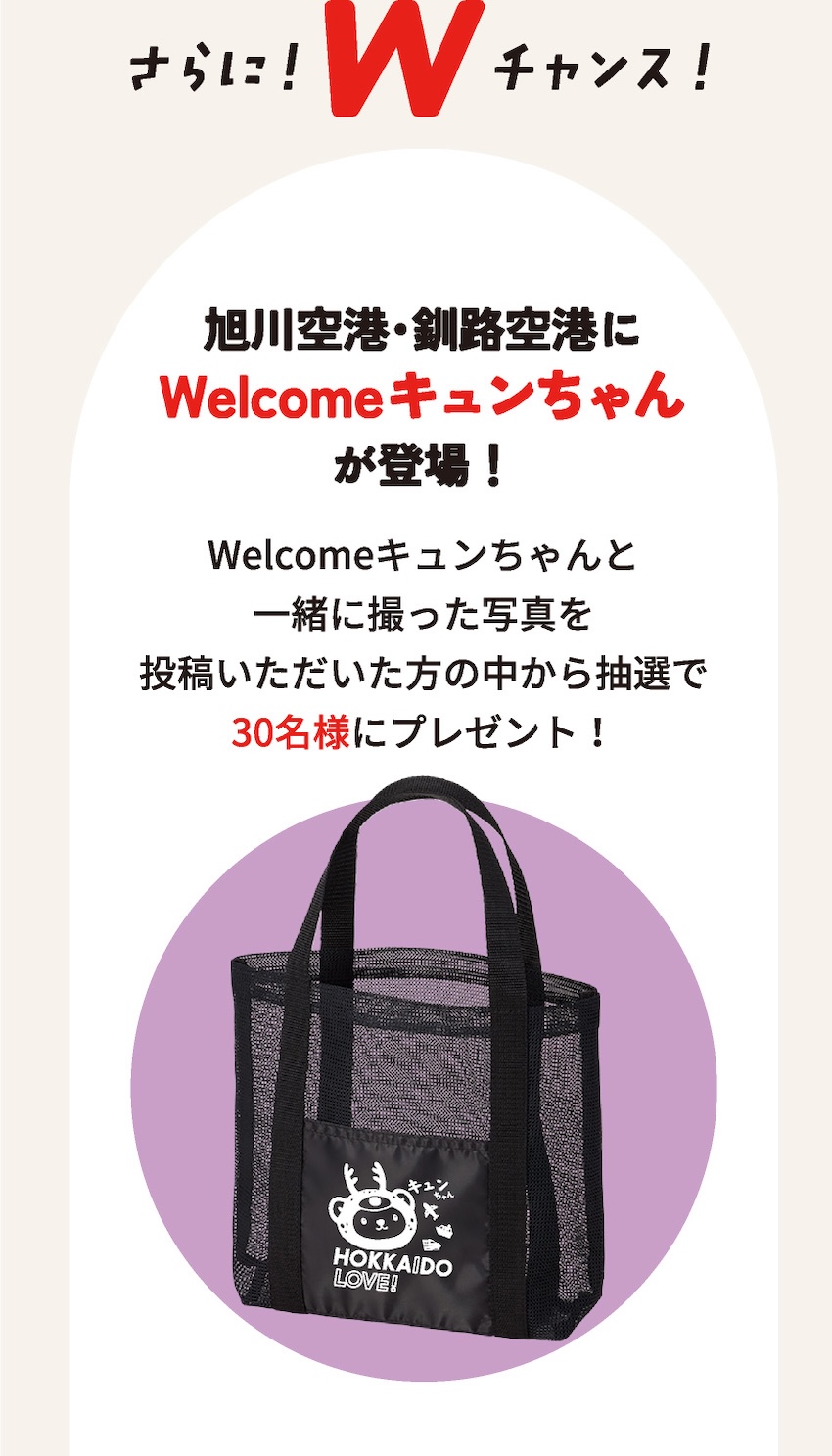 さらに！Wチャンス！旭川空港・釧路空港にWelcomeキュンちゃんが登場！Welcomeキュンちゃんと一緒に撮った写真を投稿いただいた方の中から抽選で30名様にプレゼント！