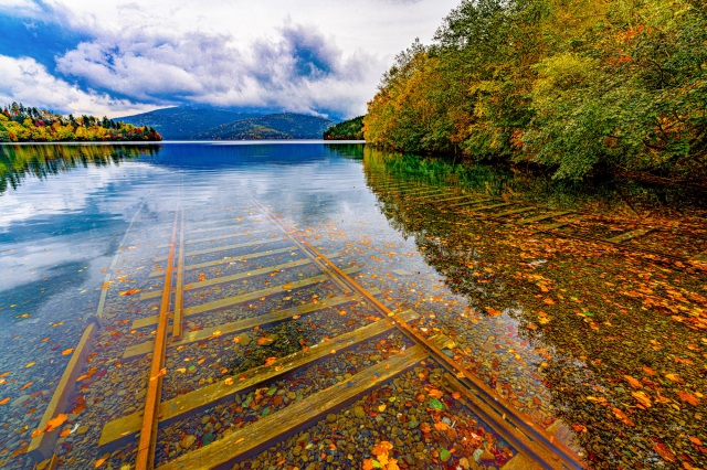 Submerged railway track of Lake Shikaribetsu