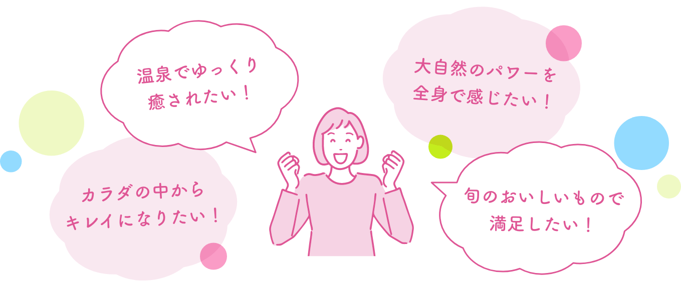 温泉でゆっくり癒やされたい！大自然のパワーを全身で感じたい！身体の中からキレイになりたい！旬のおいしいもので満足したい！